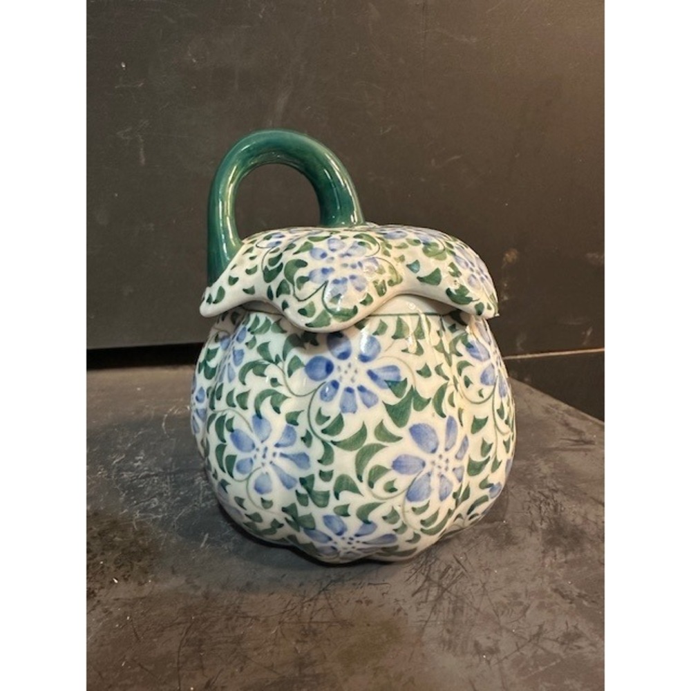Handcrafted Ceramic‎ Pumpkin Floral Lidded Jar Blue Green Thailand Pottery 6.5"